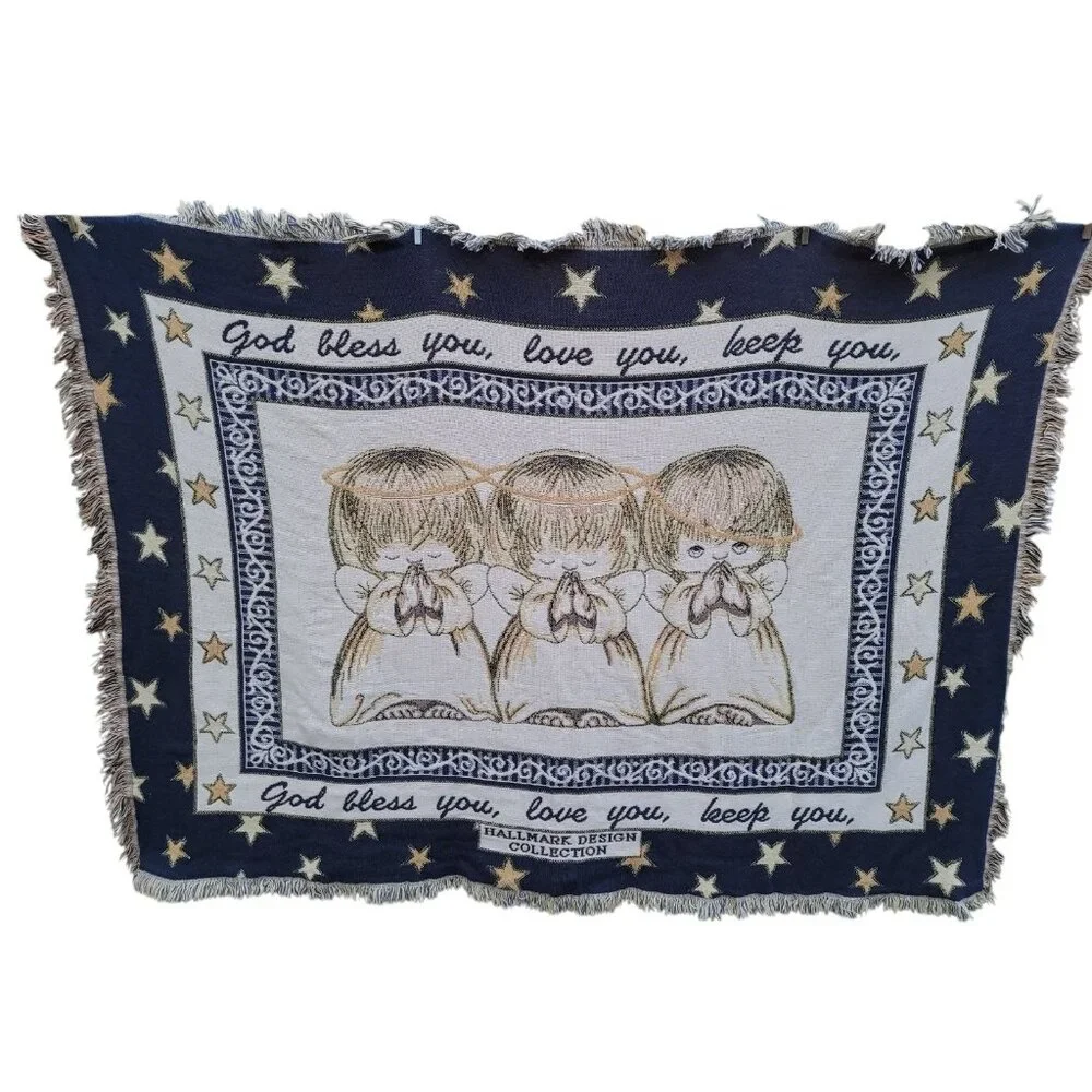 Vintage Goodwin Weavers Fringed Hallmark Cherub Angel Tapestry Throw Blanket USA